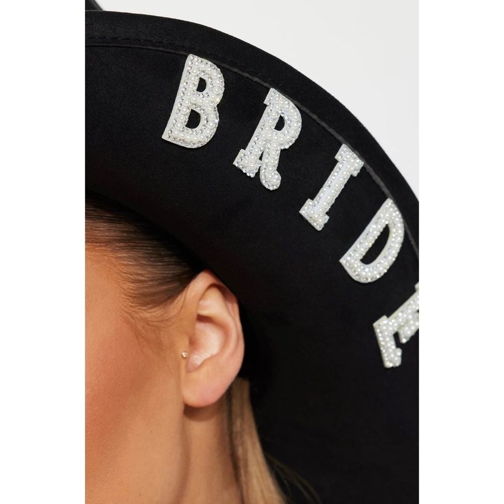 Black Faux Suede White Bling Beaded Rhinestone Bride Statement Cowgirl Hat - Picture 3 of 6